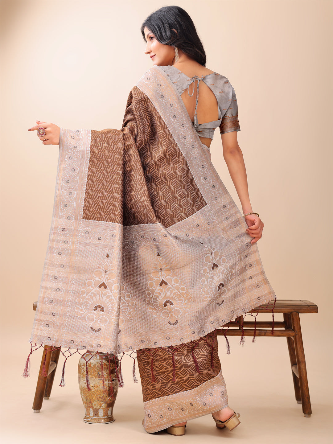 Astita Graceful Brown & Beige Lichi Silk Saree with Elegant Woven Pallu – Timeless Beauty for Every Occasion
