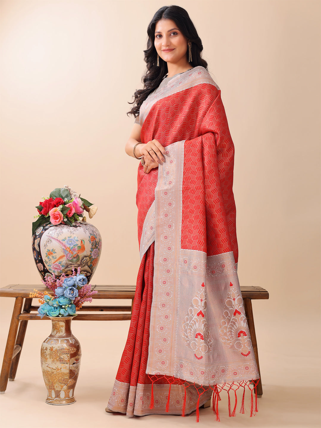 Astita Graceful Red & Beige Lichi Silk Saree with Elegant Woven Pallu β Timeless Beauty for Every Occasion