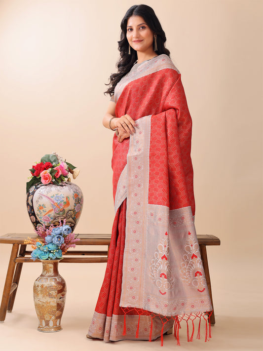 Astita Graceful Red & Beige Lichi Silk Saree with Elegant Woven Pallu – Timeless Beauty for Every Occasion