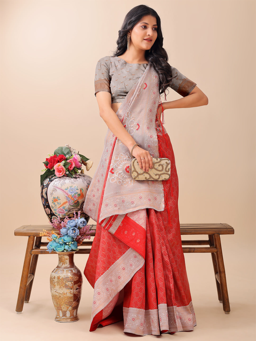 Astita Graceful Red & Beige Lichi Silk Saree with Elegant Woven Pallu β Timeless Beauty for Every Occasion