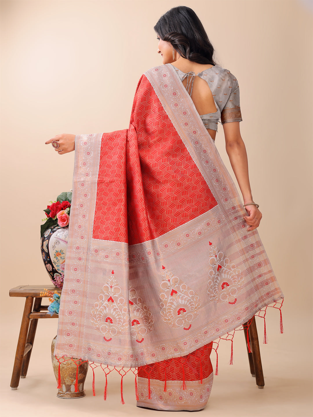 Astita Graceful Red & Beige Lichi Silk Saree with Elegant Woven Pallu β Timeless Beauty for Every Occasion