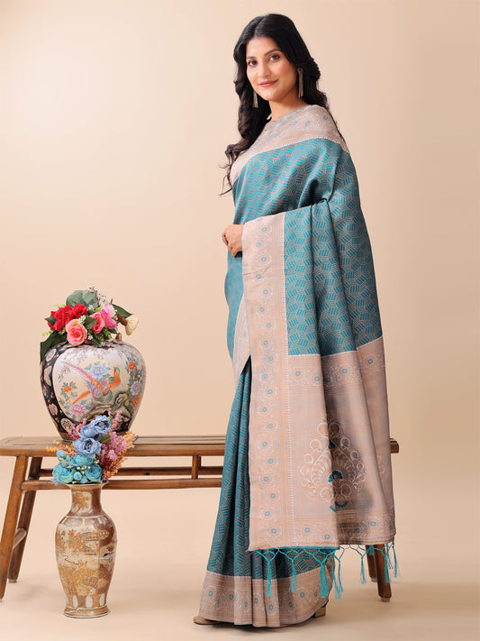 Astita Graceful Teal & Beige Lichi Silk Saree with Elegant Woven Pallu – Timeless Beauty for Every Occasion