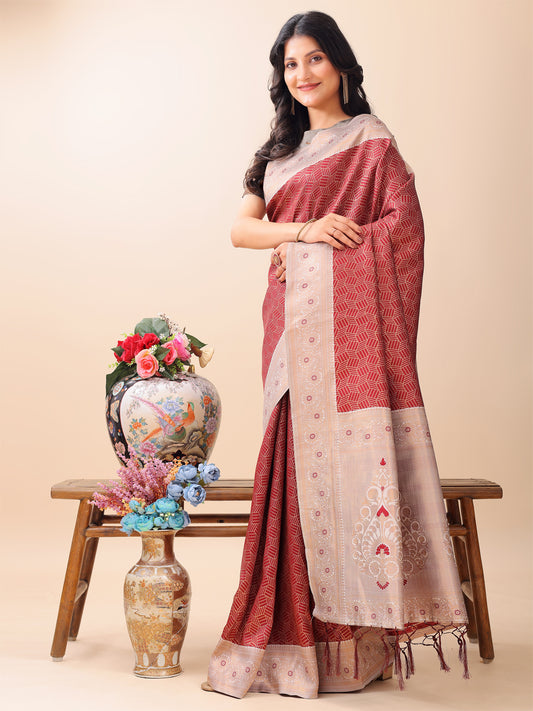 Astita Graceful Maroon & Beige Lichi Silk Saree with Elegant Woven Pallu – Timeless Beauty for Every Occasion