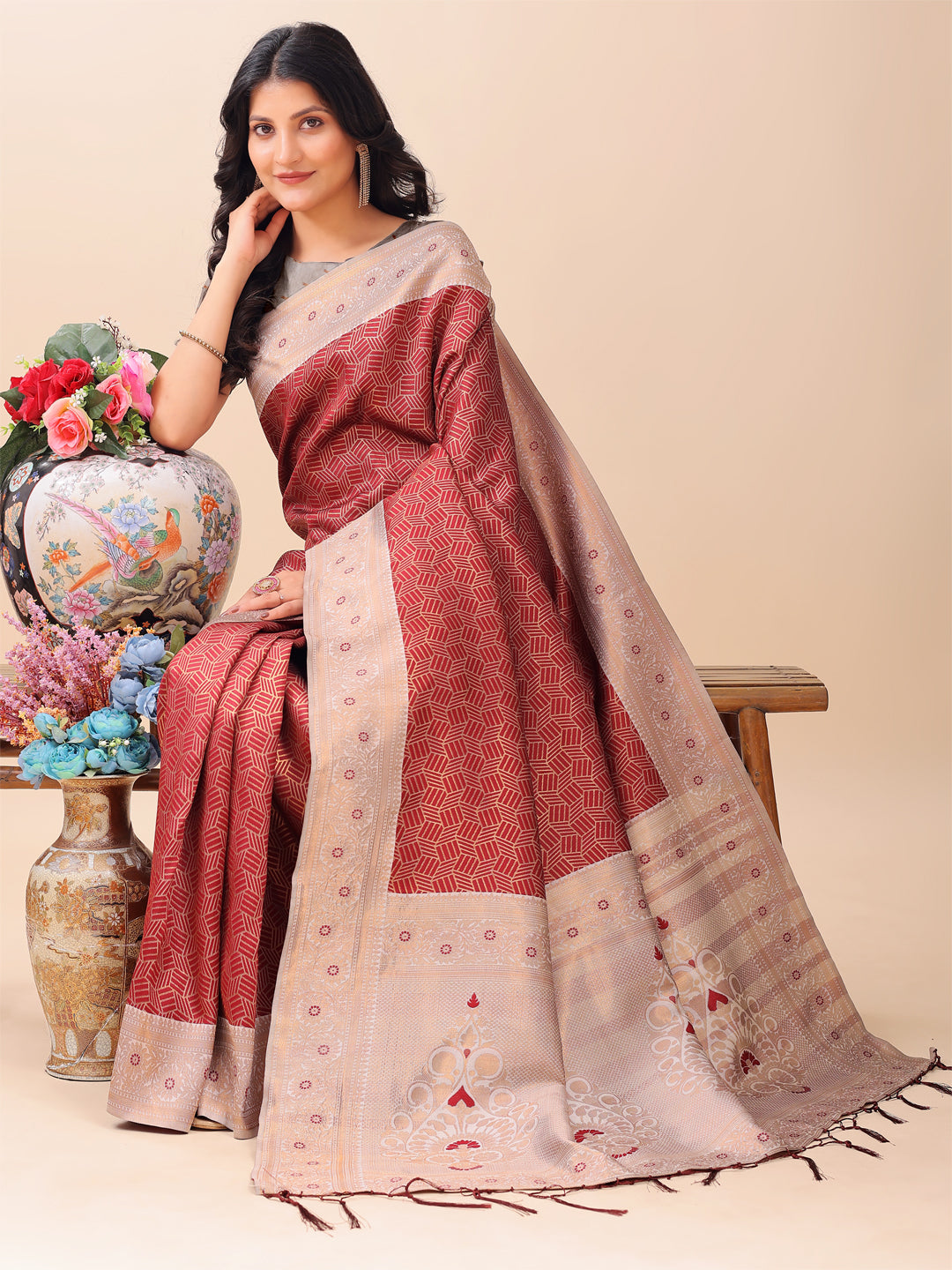 Astita Graceful Maroon & Beige Lichi Silk Saree with Elegant Woven Pallu – Timeless Beauty for Every Occasion