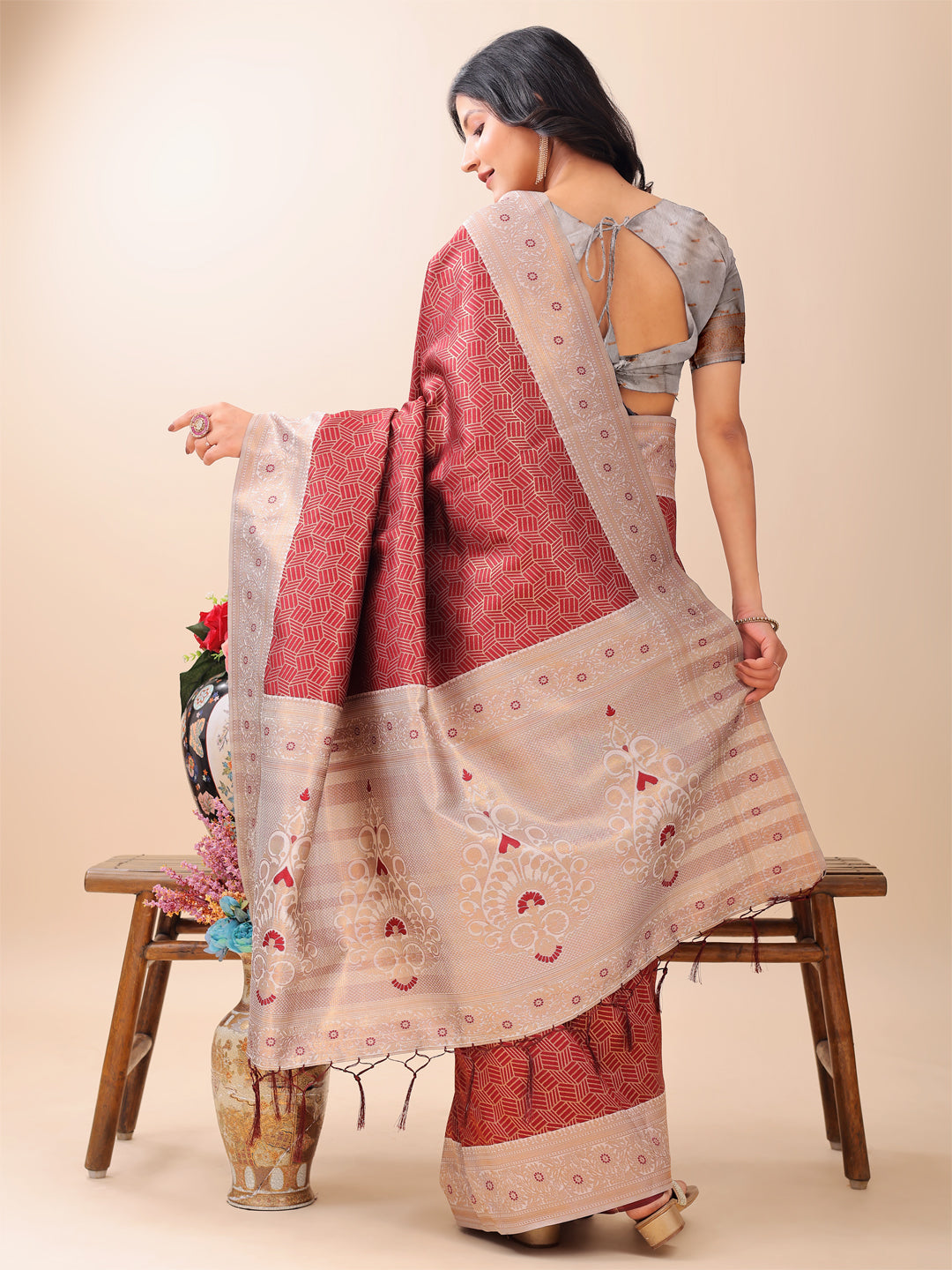Astita Graceful Maroon & Beige Lichi Silk Saree with Elegant Woven Pallu – Timeless Beauty for Every Occasion