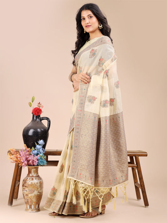 Astita Elegant Cream Cotton Saree – Timeless Charm with Floral Detailing