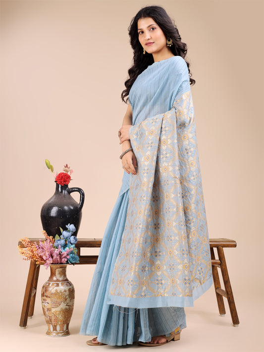 Astita Soothing Sky Blue Cotton Saree – Light, Elegant & Timelessly Beautiful