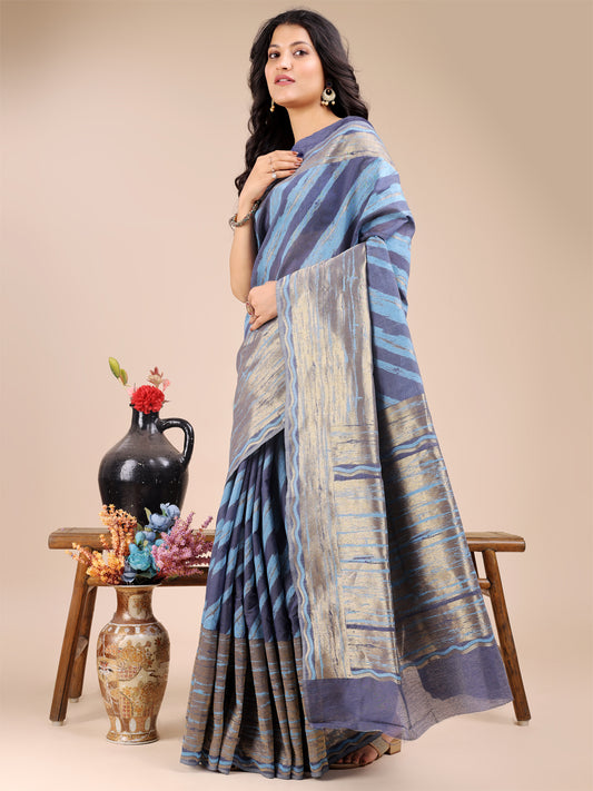 Astita Elegant Navy Blue & Sky Stripe Cotton Saree – Breezy Beauty with Artistic Flair