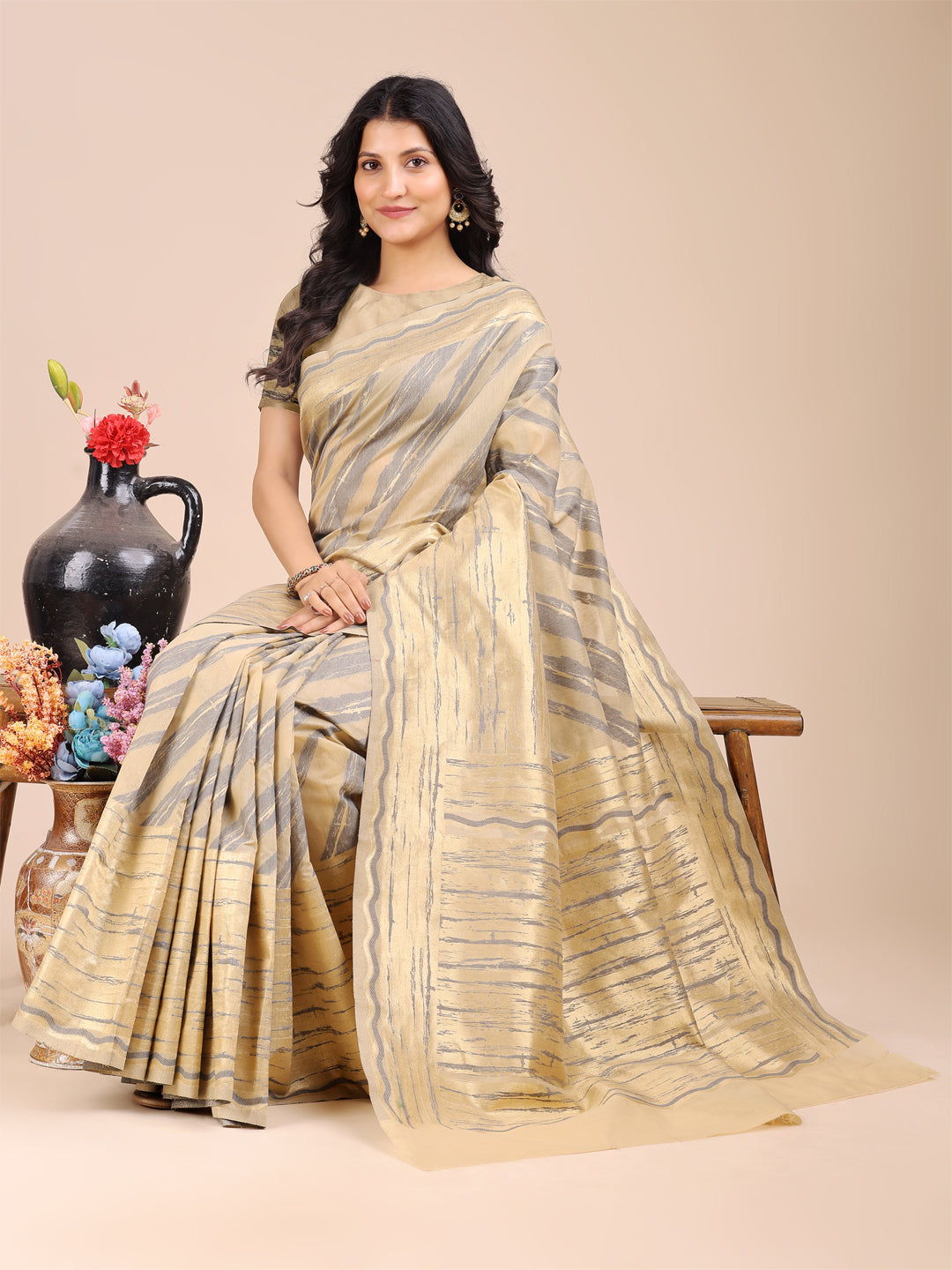 Astita Elegant Cream & Sky Stripe Cotton Saree – Breezy Beauty with Artistic Flair
