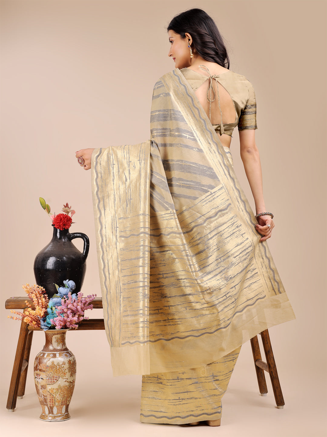 Astita Elegant Cream & Sky Stripe Cotton Saree – Breezy Beauty with Artistic Flair