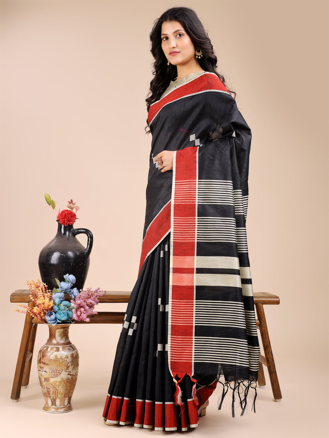 Astita Classic Black & Red Cotton Saree β Bold, Beautiful & Unapologetically You