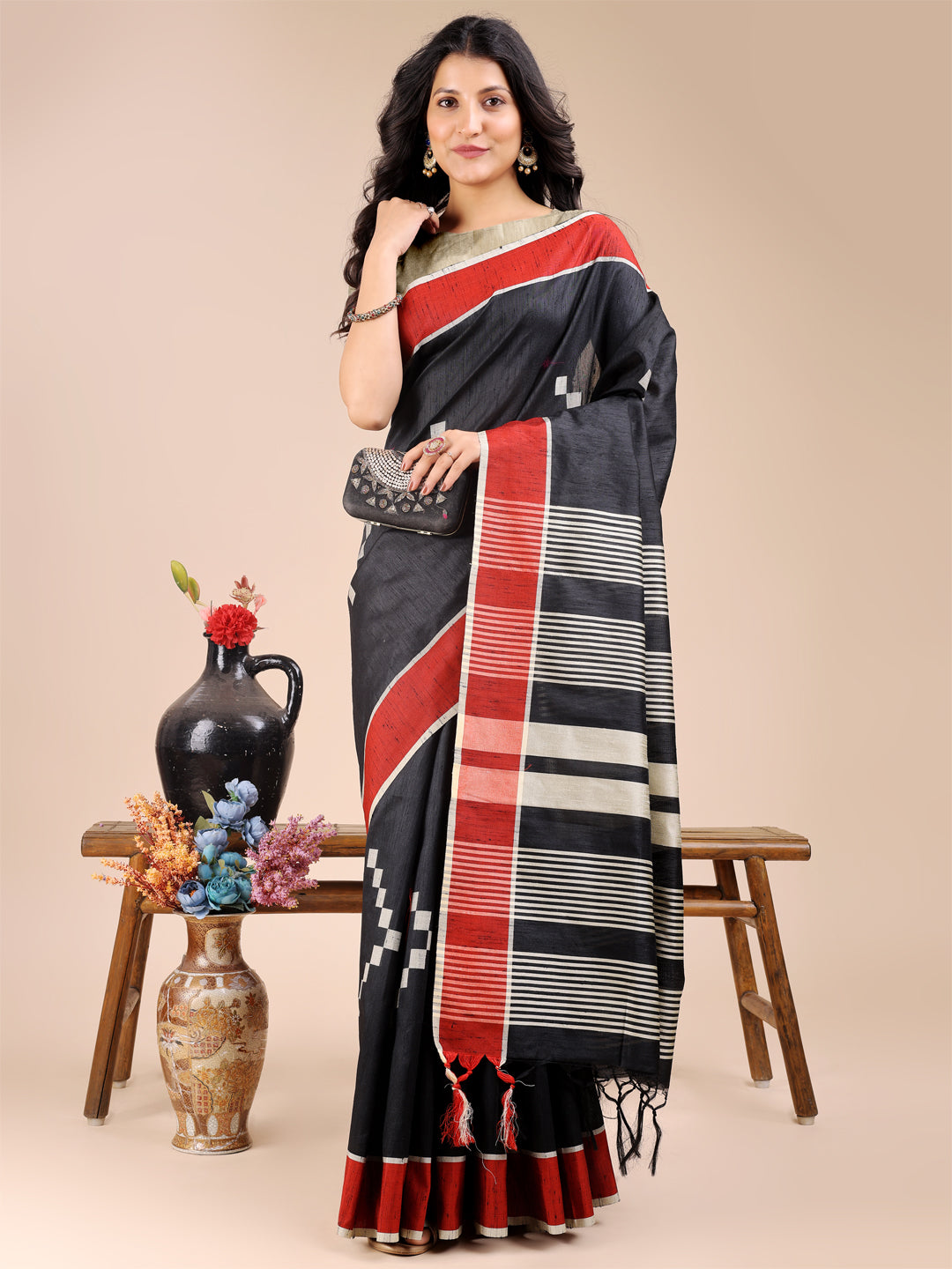 Astita Classic Black & Red Cotton Saree β Bold, Beautiful & Unapologetically You