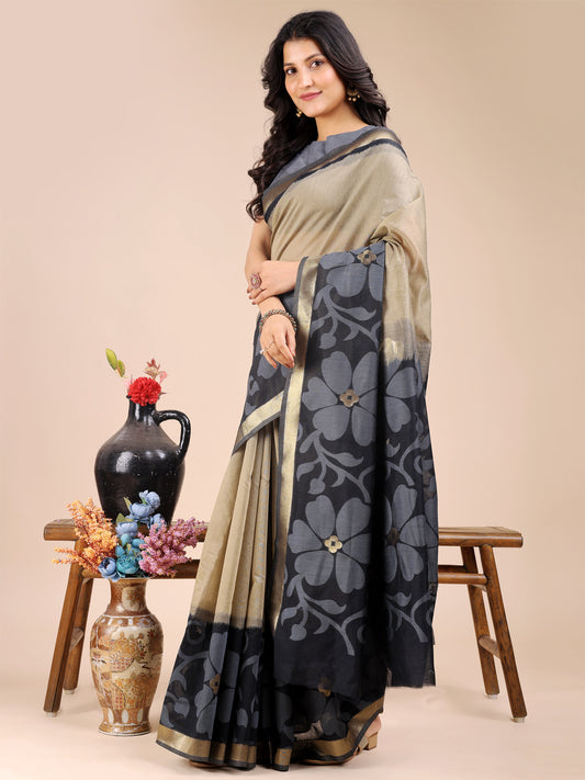 Astita Elegant Beige & Charcoal Floral Cotton Saree – Understated Luxury in Every Thread