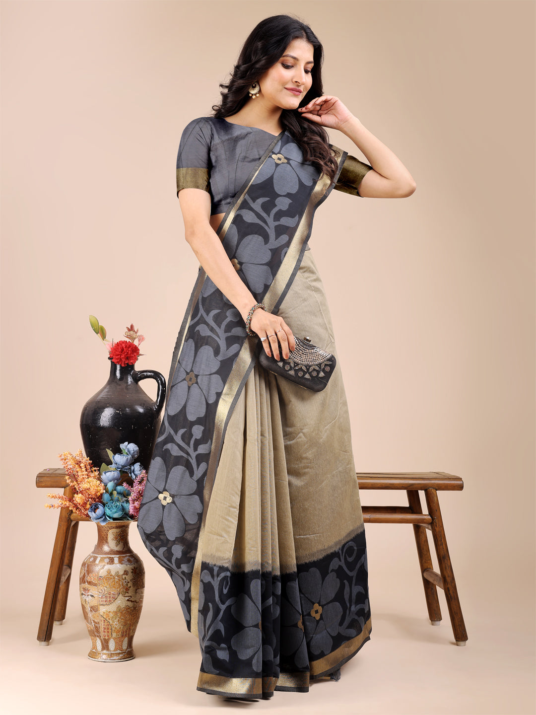 Astita Elegant Beige & Charcoal Floral Cotton Saree โ Understated Luxury in Every Thread
