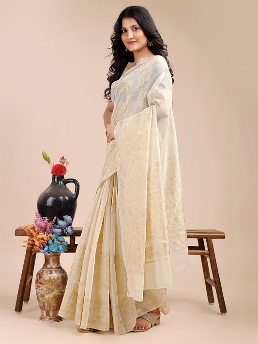 Astita Elegant Off-White Cotton Banarasi Saree with Golden Floral Zari Work – Traditional Festive Wear