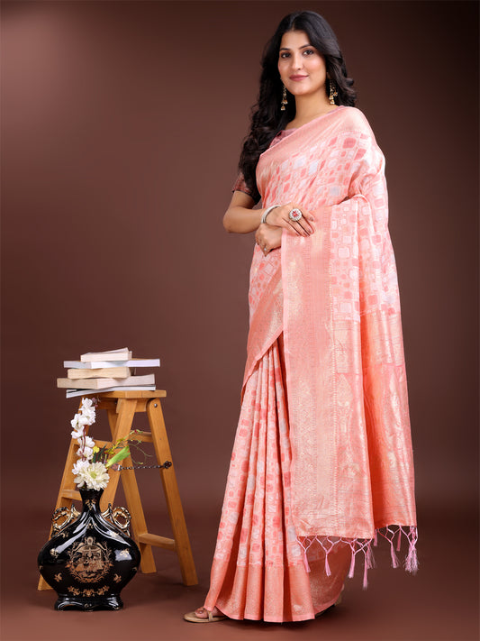 Astita Peach Linen Cotton Saree – Elegant Simplicity for Everyday Grace