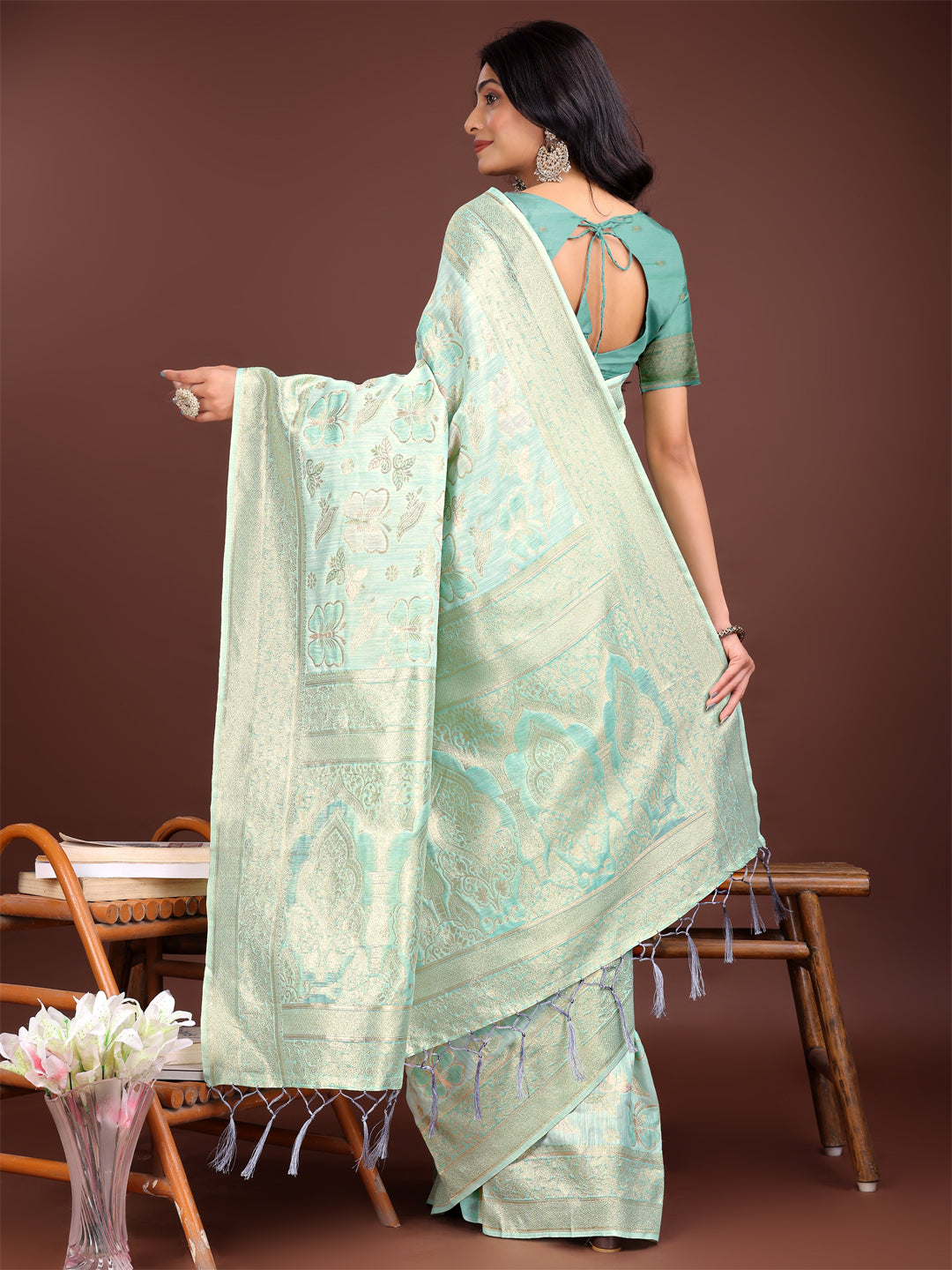 Astita Grey Organza Saree with Golden Zari Border & Tassels | Elegant Festive & Partywear Saree for Women