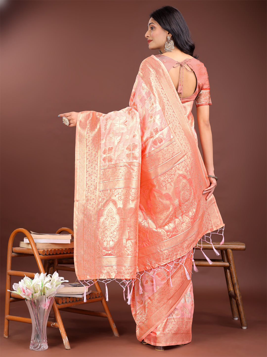 Astita Yellow Organza Saree with Golden Zari Border & Tassels | Elegant Festive & Partywear Saree for Women