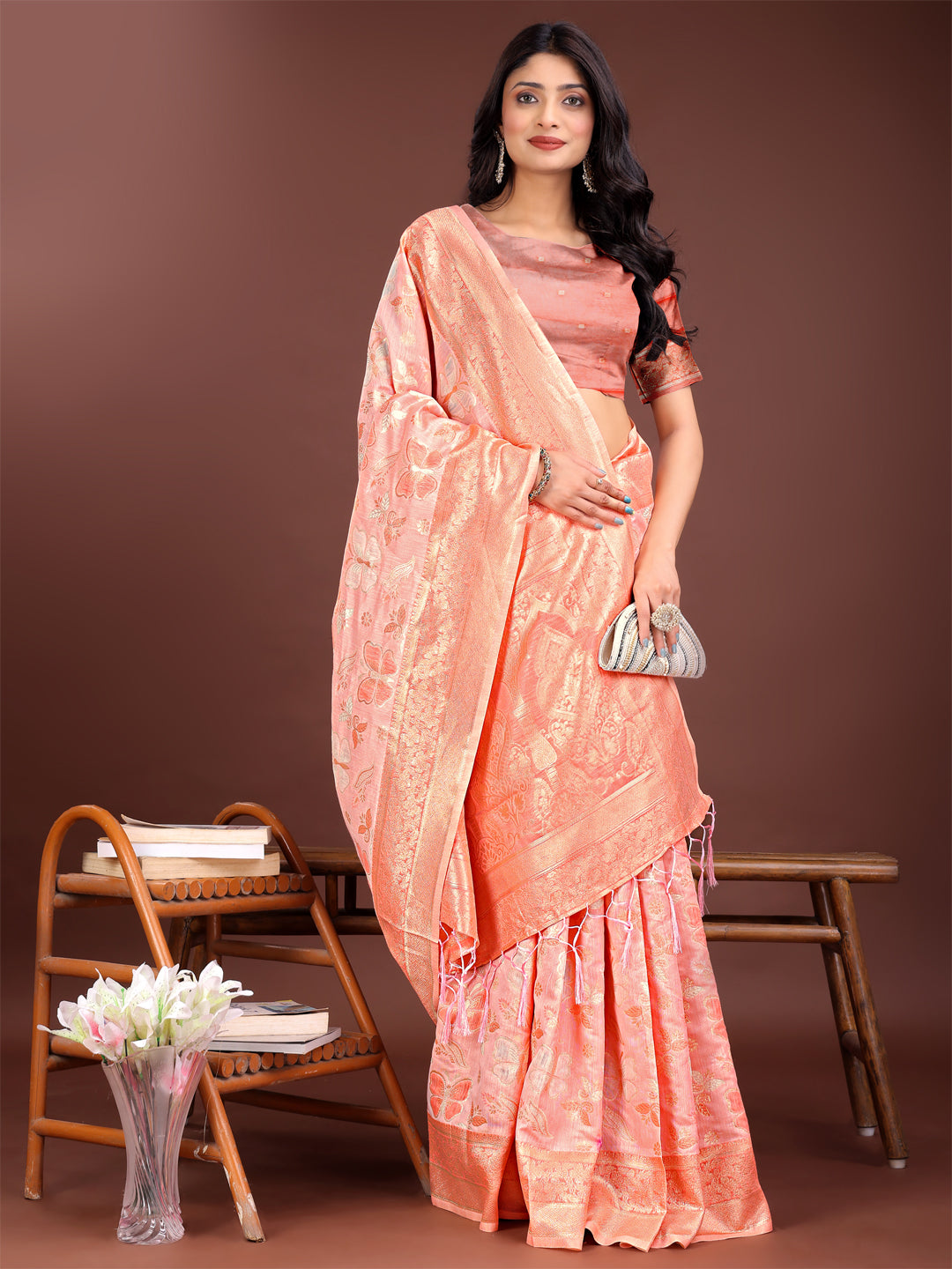 Astita Yellow Organza Saree with Golden Zari Border & Tassels | Elegant Festive & Partywear Saree for Women