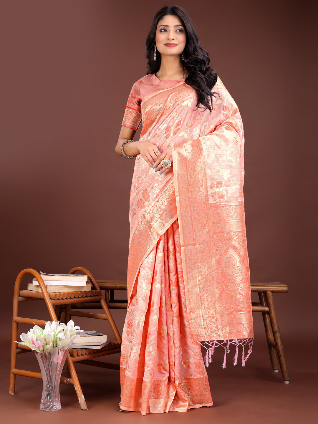 Astita Yellow Organza Saree with Golden Zari Border & Tassels | Elegant Festive & Partywear Saree for Women