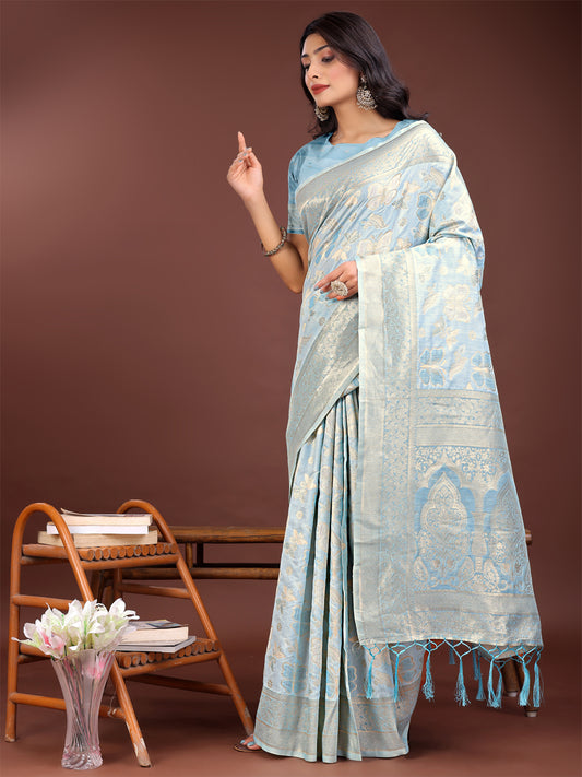 Astita Elegant Sky Blue Cotton Saree with Golden Zari Work – Graceful Comfort for Everyday & Festive Wear