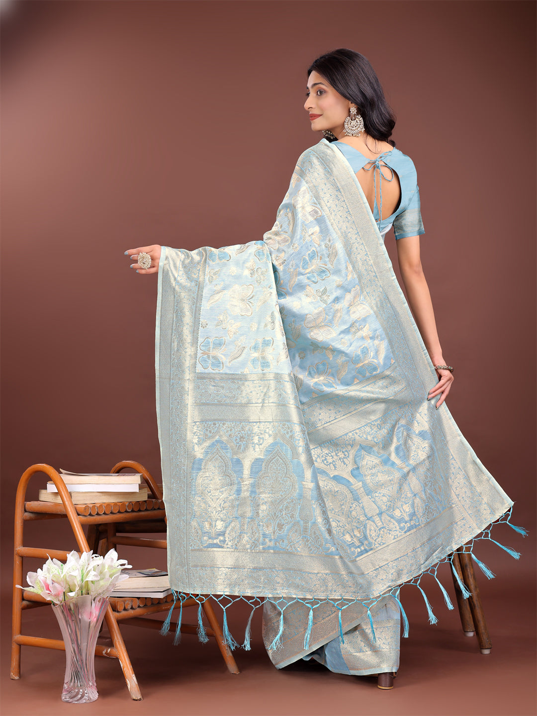 Astita Sky Blue Organza Saree with Golden Zari Border & Tassels | Elegant Festive & Partywear Saree for Women