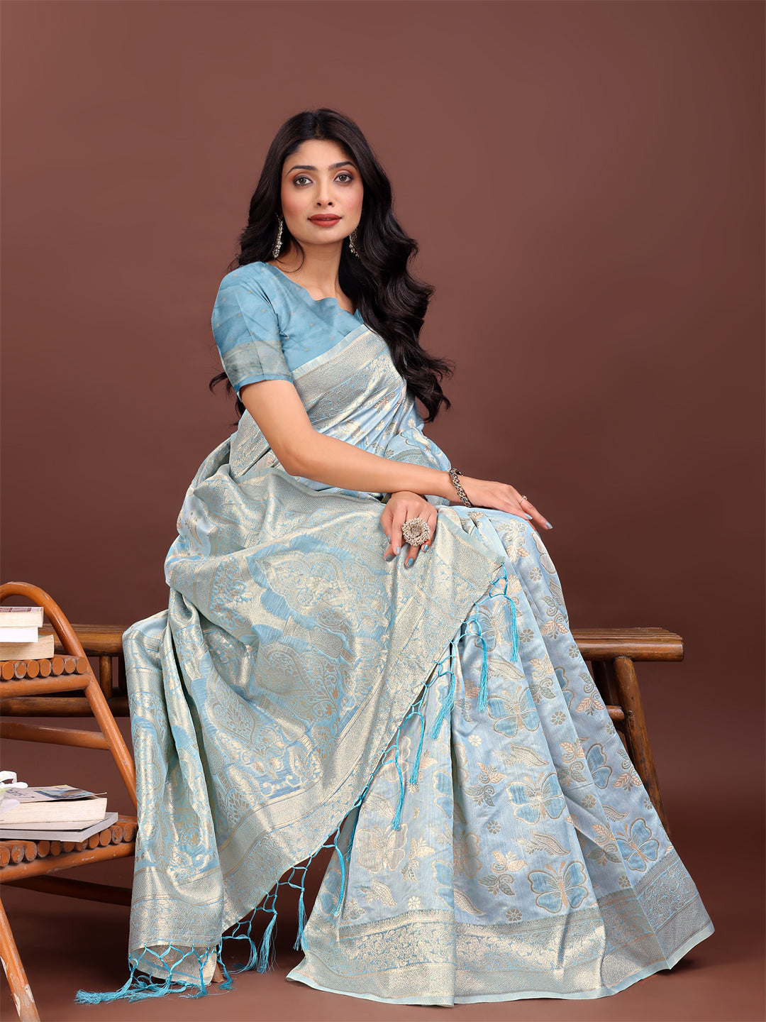 Astita Sky Blue Organza Saree with Golden Zari Border & Tassels | Elegant Festive & Partywear Saree for Women