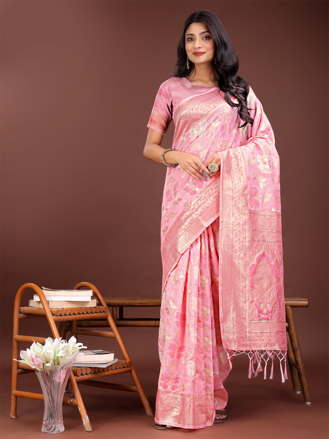 Astita Elegant Pink Cotton Saree with Golden Zari Work – Graceful Comfort for Everyday & Festive Wear