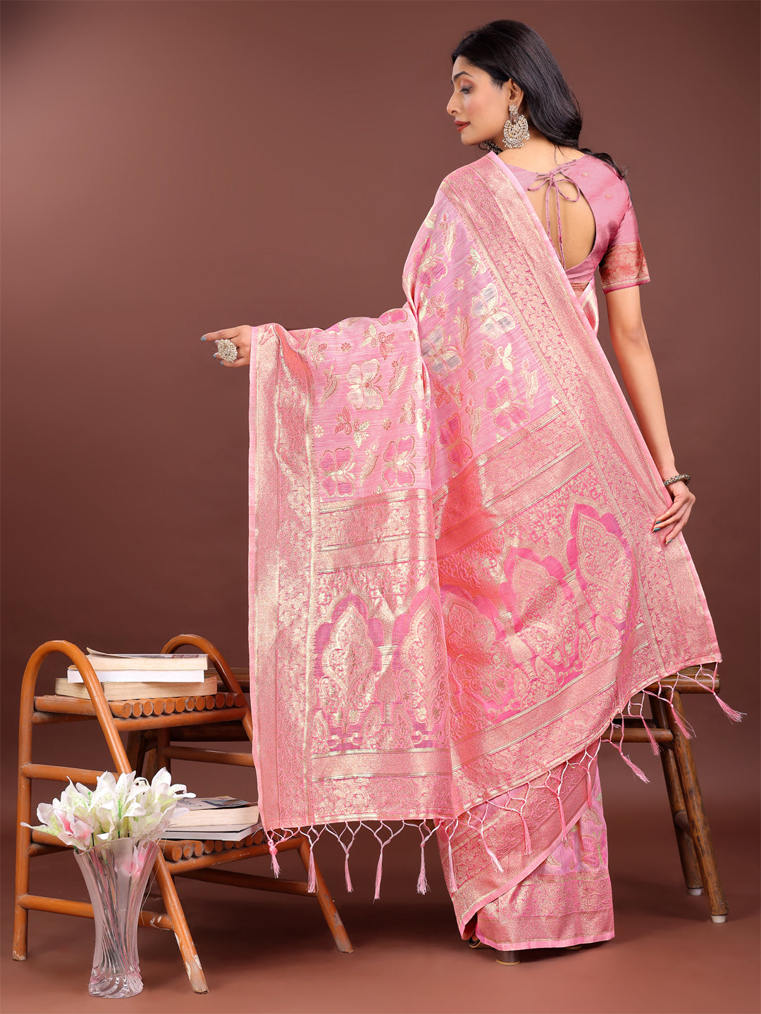 Astita Elegant Pink Cotton Saree with Golden Zari Work – Graceful Comfort for Everyday & Festive Wear