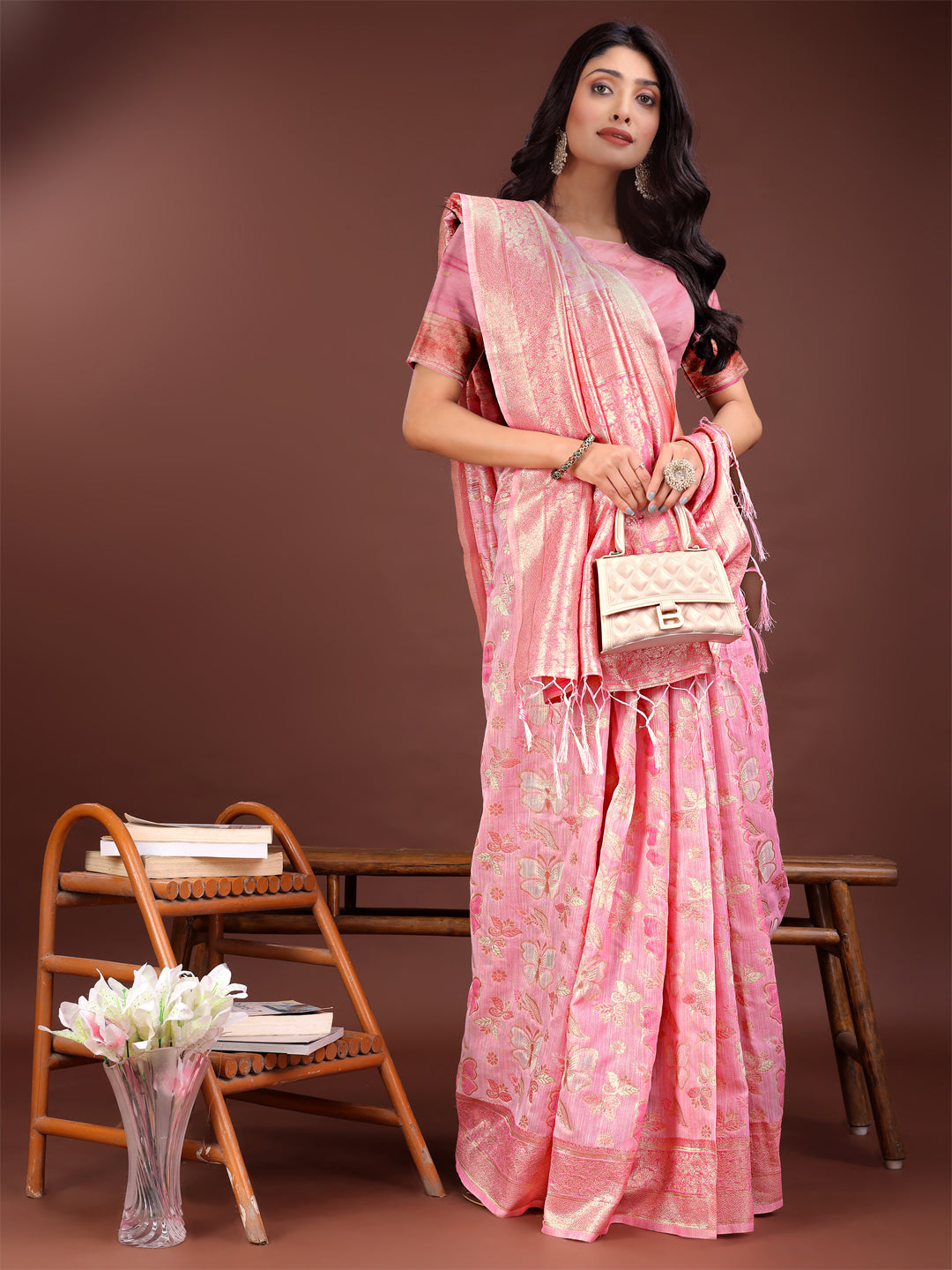 Astita Elegant Pink Cotton Saree with Golden Zari Work – Graceful Comfort for Everyday & Festive Wear