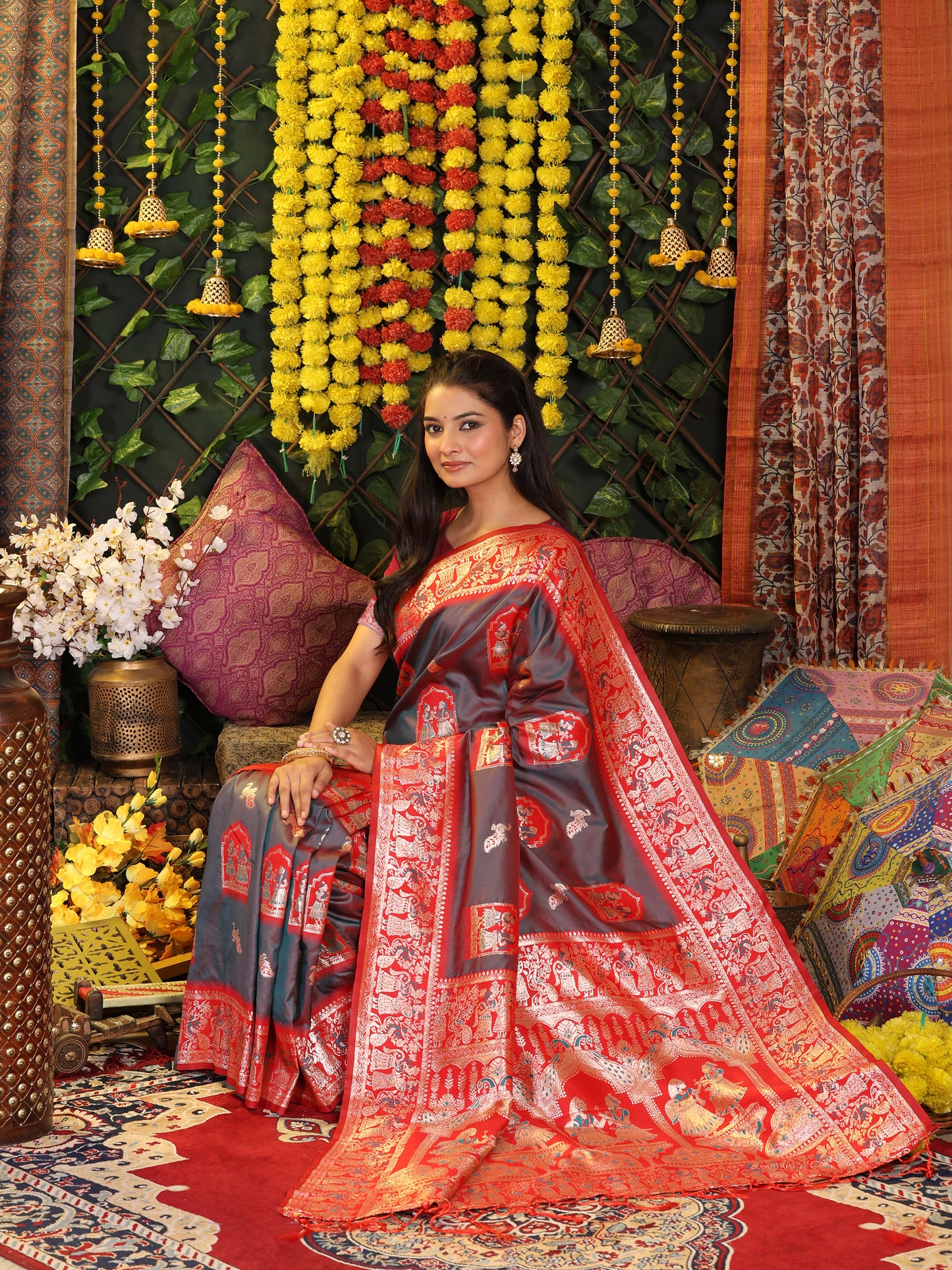 Astita Traditional Red Art Silk Temple Border Festive Wedding Wear Saree