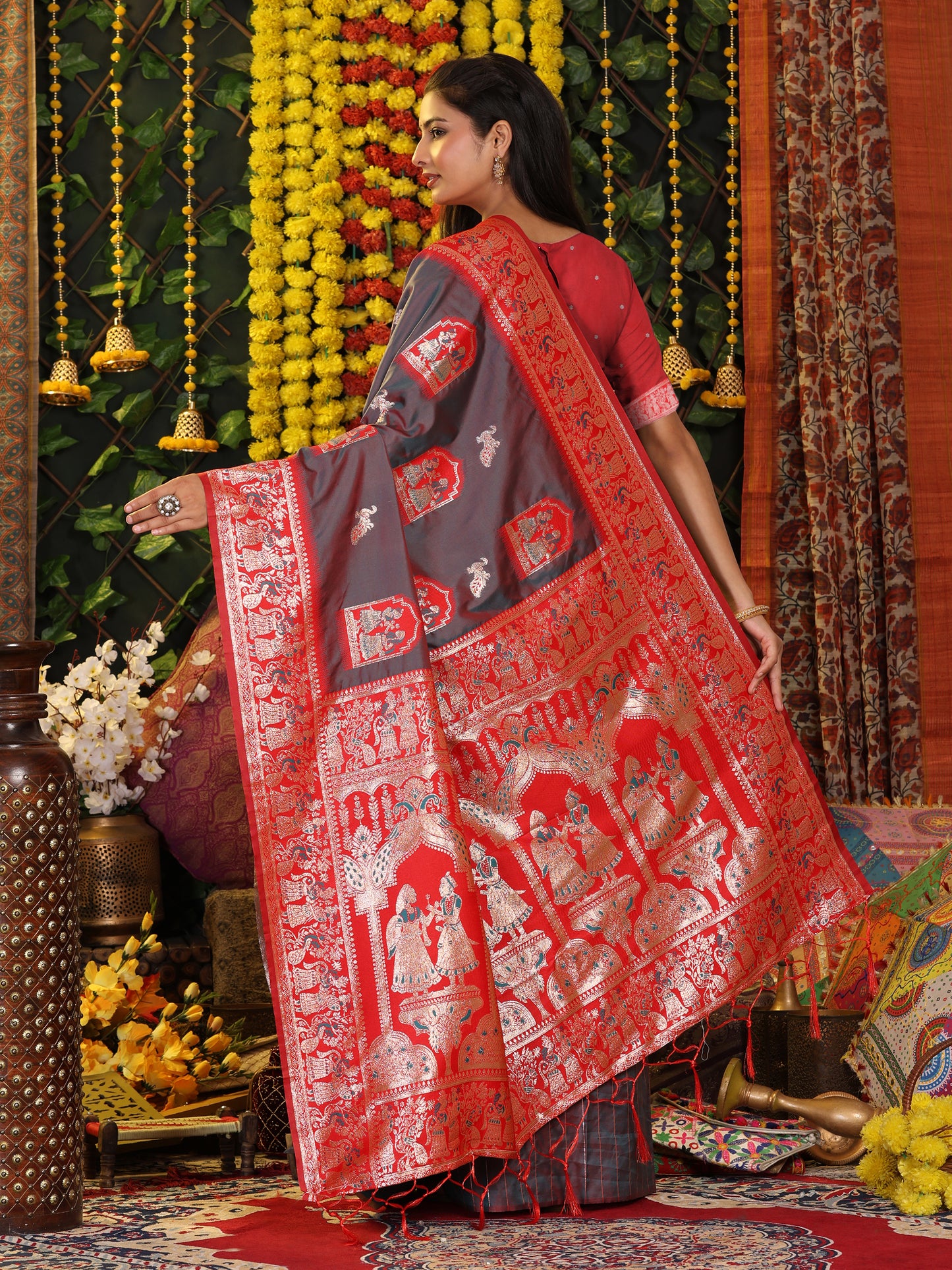 Astita Traditional Red Art Silk Temple Border Festive Wedding Wear Saree