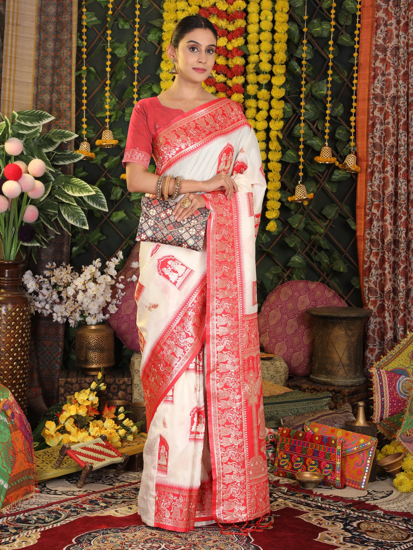 Astita Traditional Red Art Silk Temple Border Festive Wedding Wear Saree