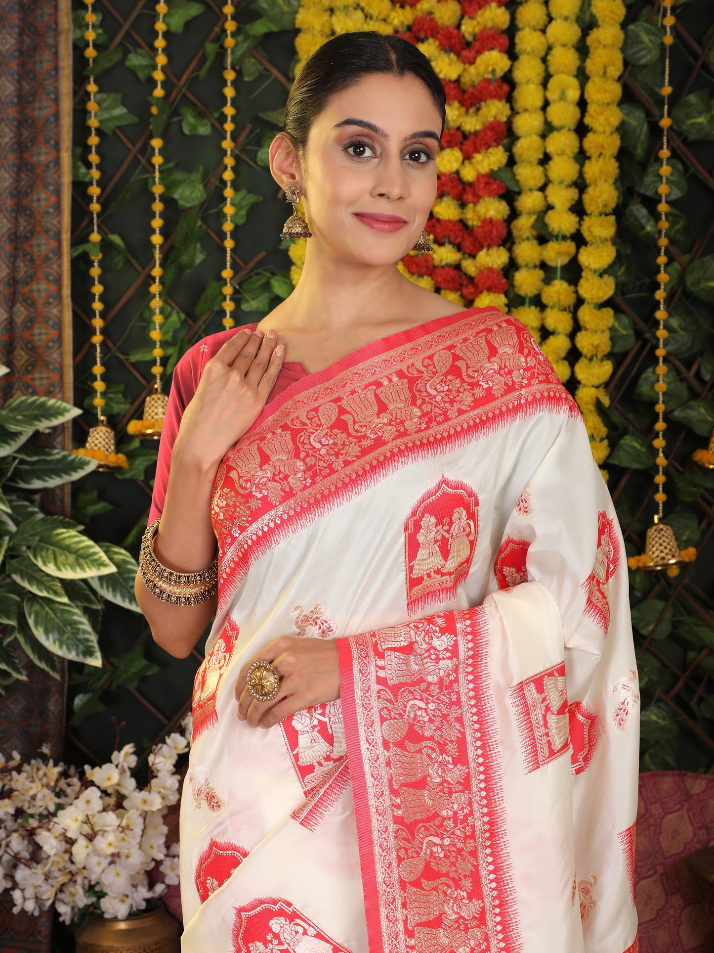 Astita Traditional Red Art Silk Temple Border Festive Wedding Wear Saree