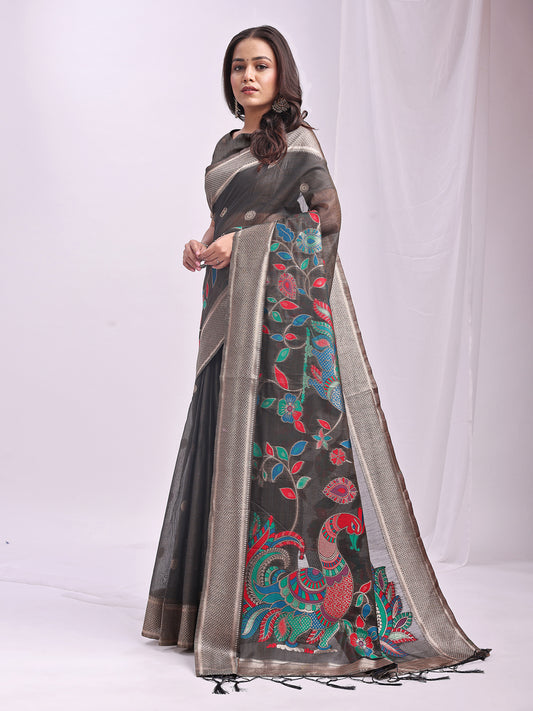 Astita Grey Linen Cotton Saree with Bold Peacock Pallu – Elegant Zari Border Saree for Festive & Party Wear | Lightweight & Soft Fabric