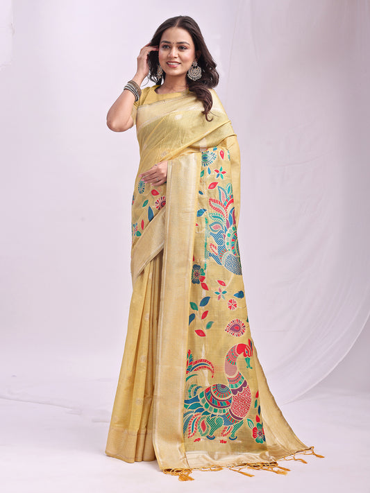 Astita Yellow Linen Cotton Saree with Bold Peacock Pallu – Elegant Zari Border Saree for Festive & Party Wear | Lightweight & Soft Fabric