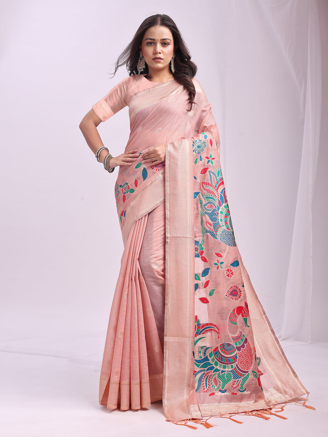 Astita Peach Linen Cotton Saree with Bold Peacock Pallu β Elegant Zari Border Saree for Festive & Party Wear | Lightweight & Soft Fabric