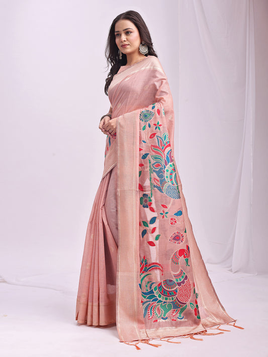 Astita Peach Linen Cotton Saree with Bold Peacock Pallu – Elegant Zari Border Saree for Festive & Party Wear | Lightweight & Soft Fabric