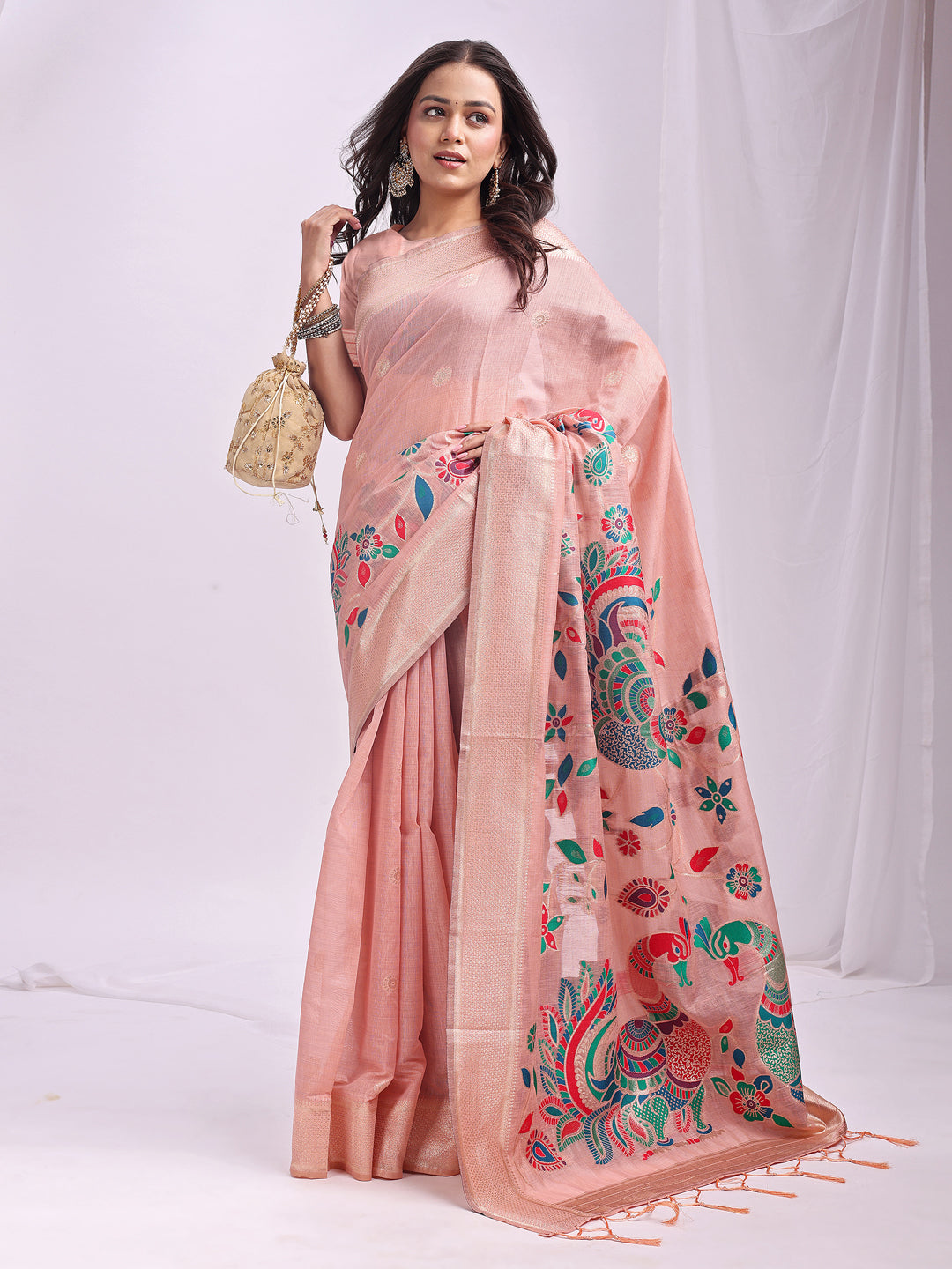 Astita Peach Linen Cotton Saree with Bold Peacock Pallu β Elegant Zari Border Saree for Festive & Party Wear | Lightweight & Soft Fabric