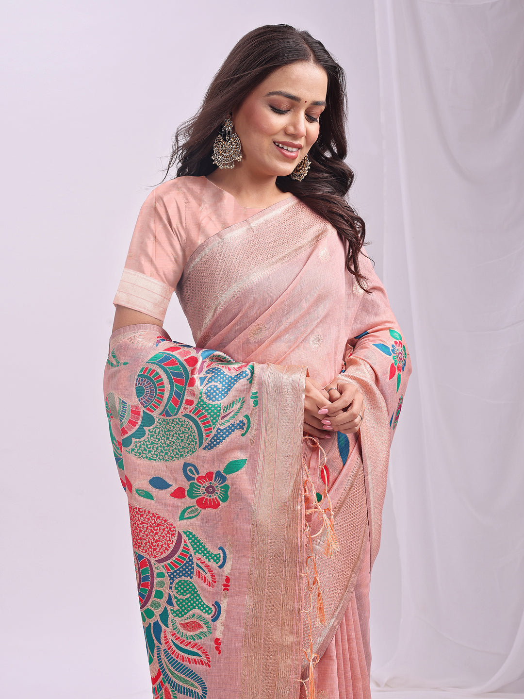 Astita Peach Linen Cotton Saree with Bold Peacock Pallu β Elegant Zari Border Saree for Festive & Party Wear | Lightweight & Soft Fabric