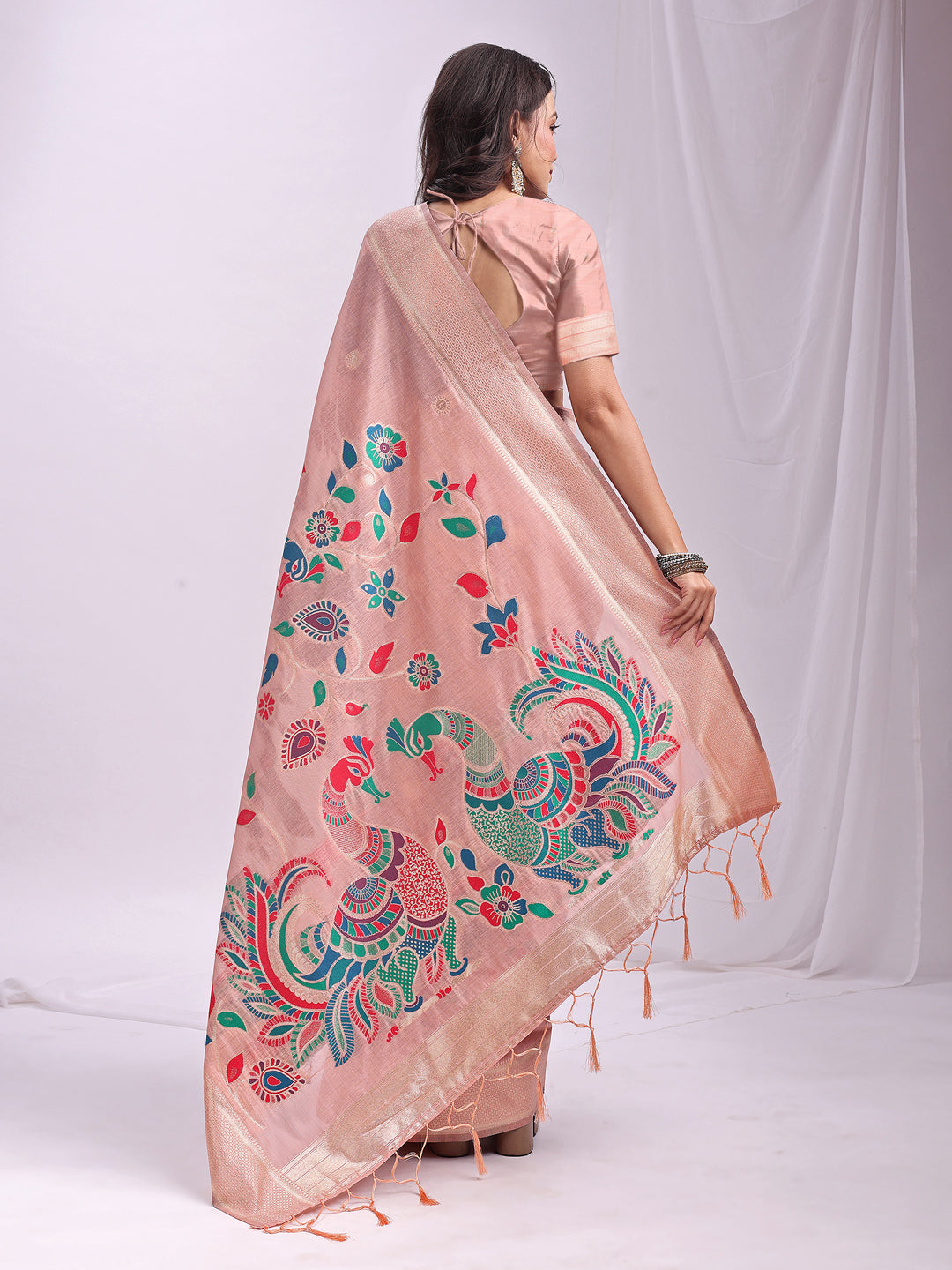 Astita Peach Linen Cotton Saree with Bold Peacock Pallu β Elegant Zari Border Saree for Festive & Party Wear | Lightweight & Soft Fabric