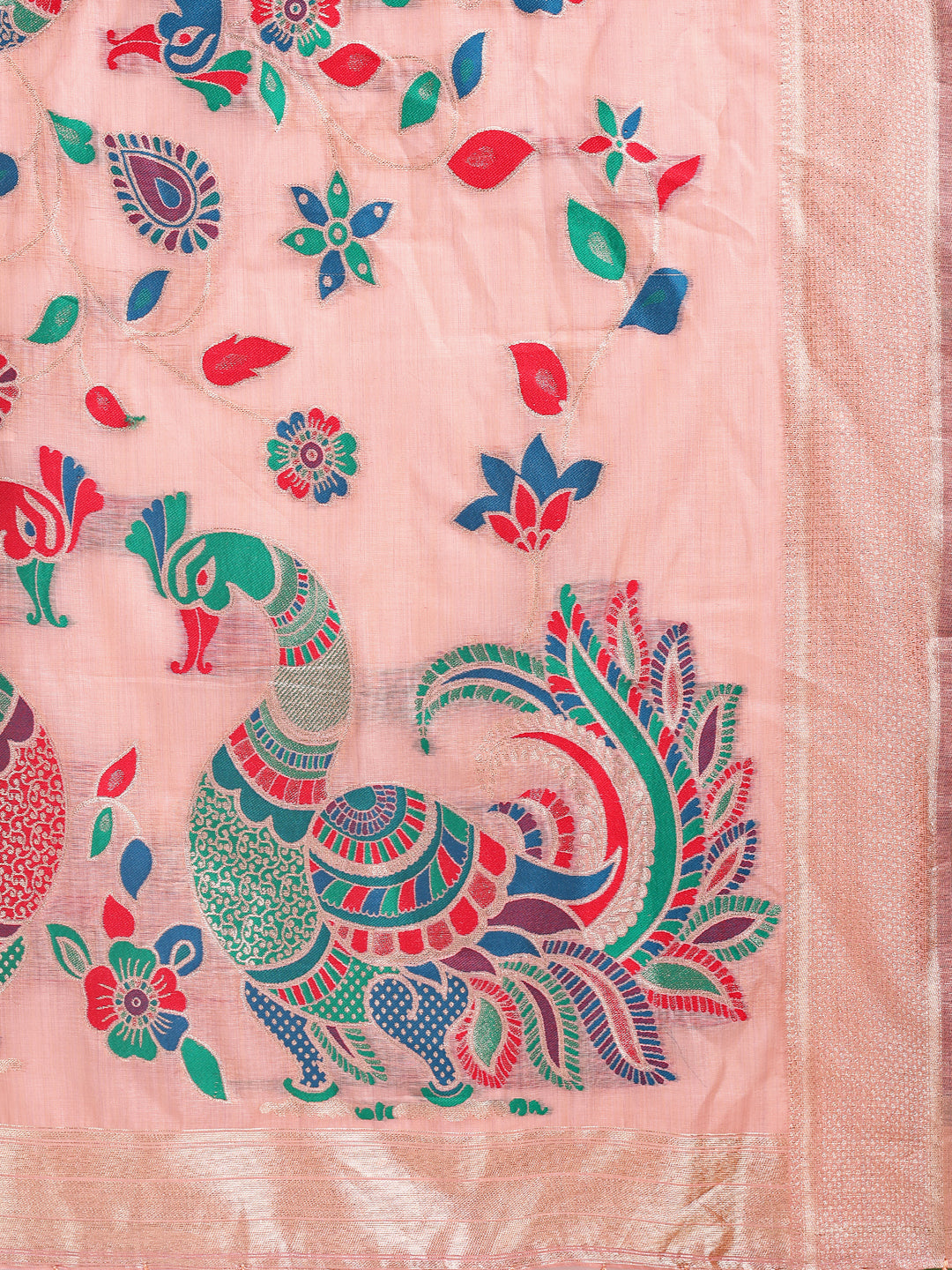 Astita Peach Linen Cotton Saree with Bold Peacock Pallu β Elegant Zari Border Saree for Festive & Party Wear | Lightweight & Soft Fabric