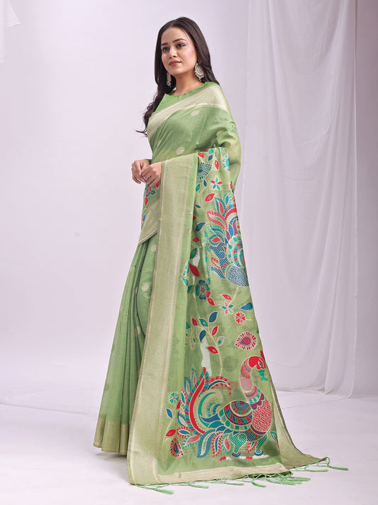 Astita Light Green Linen Cotton Saree with Bold Peacock Pallu – Elegant Zari Border Saree for Festive & Party Wear | Lightweight & Soft Fabric