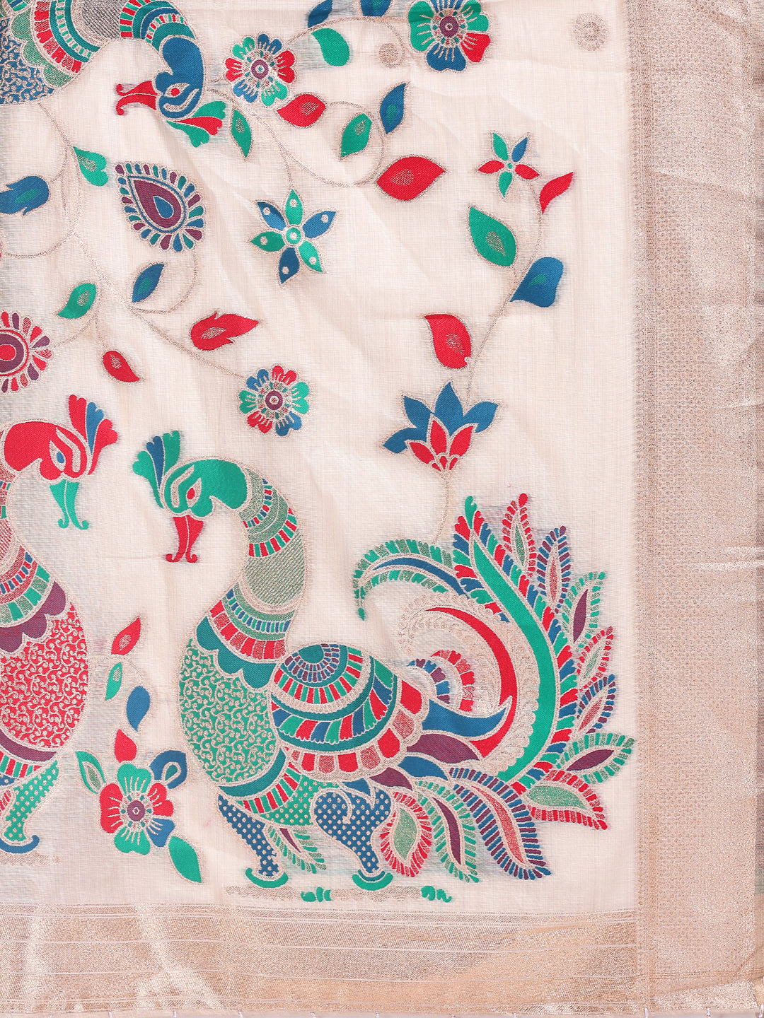 Astita Cream Linen Cotton Saree with Bold Peacock Pallu β Elegant Zari Border Saree for Festive & Party Wear | Lightweight & Soft Fabric