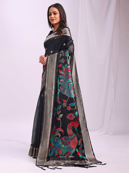 Astita Black Linen Cotton Saree with Bold Peacock Pallu – Elegant Zari Border Saree for Festive & Party Wear | Lightweight & Soft Fabric