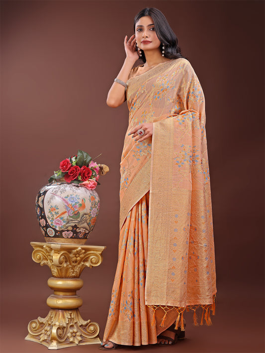 Astita Elegant Orange Linen Cotton Saree with Floral Weave & Soft Gold Pallu – Graceful Choice for Casual, Office & Festive Looks