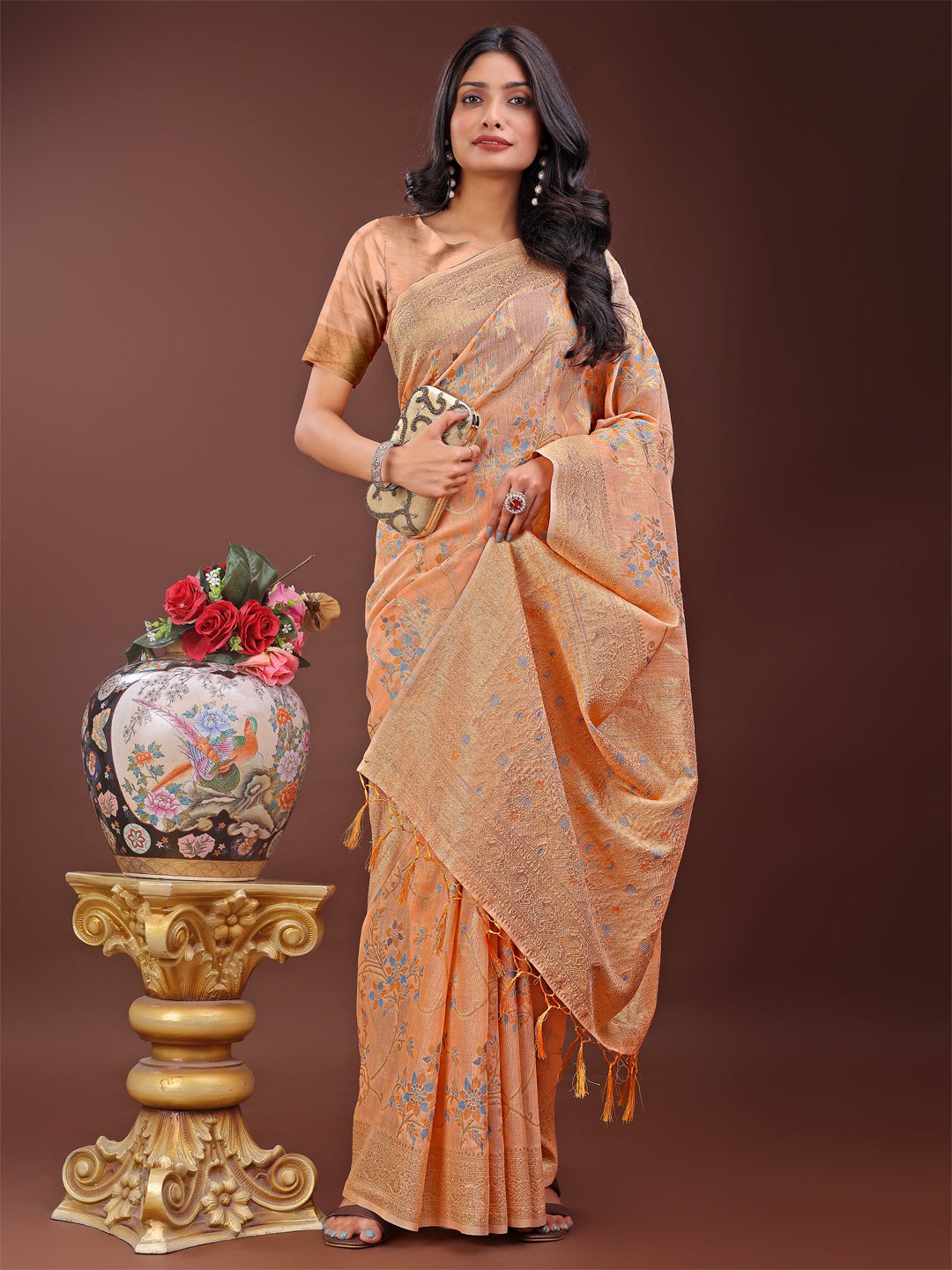 Astita Elegant Orange Linen Cotton Saree with Floral Weave & Soft Gold Pallu – Graceful Choice for Casual, Office & Festive Looks