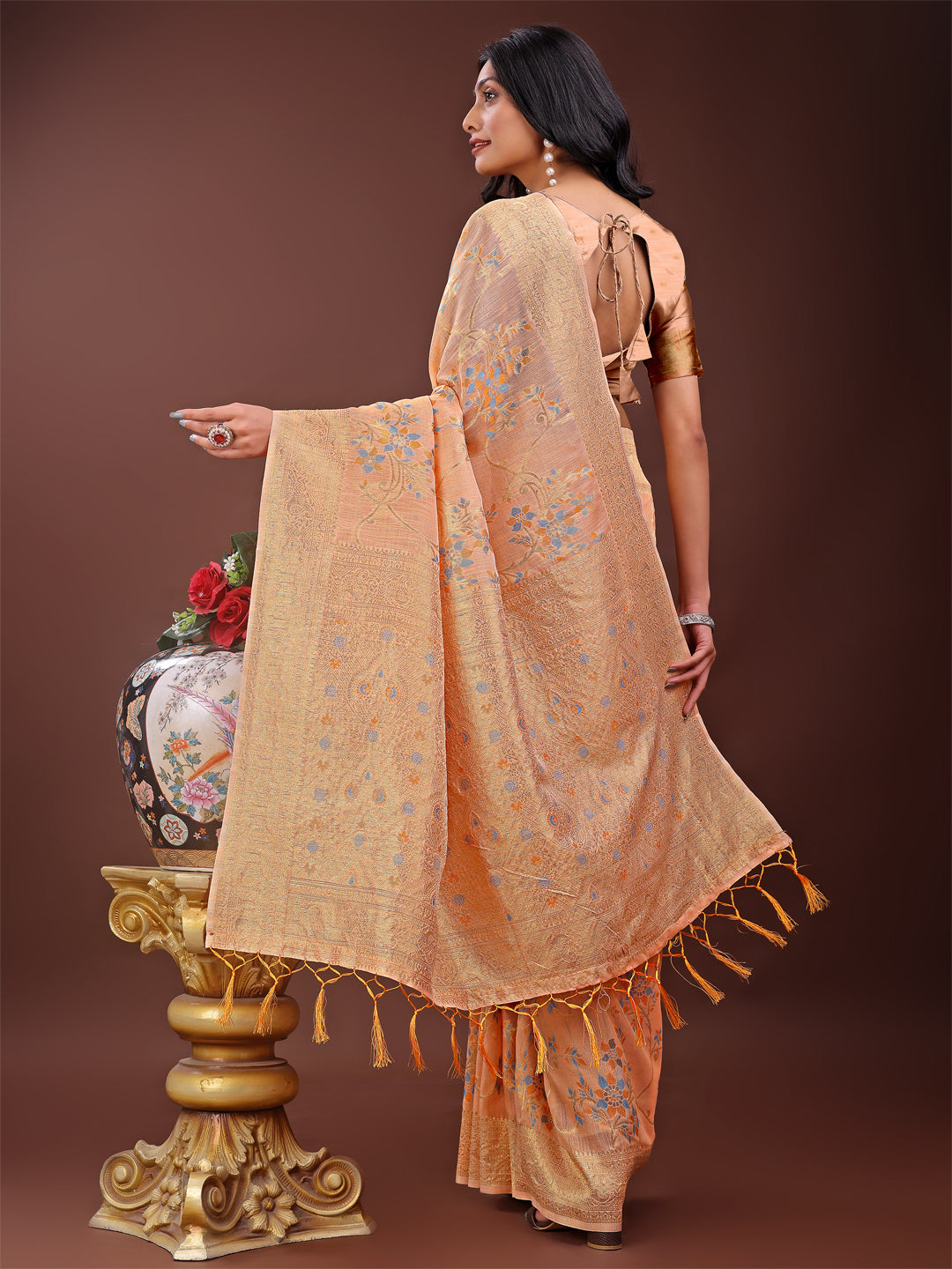 Astita Elegant Orange Linen Cotton Saree with Floral Weave & Soft Gold Pallu – Graceful Choice for Casual, Office & Festive Looks