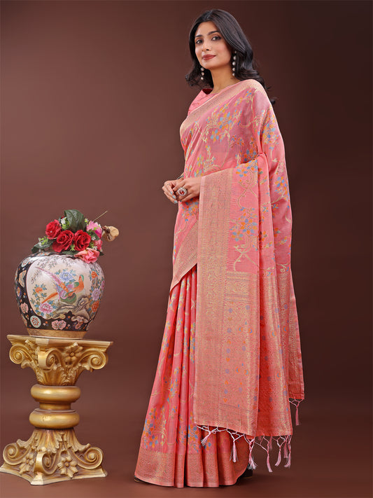 Astita Elegant Peach Linen Cotton Saree with Floral Weave & Soft Gold Pallu – Graceful Choice for Casual, Office & Festive Looks