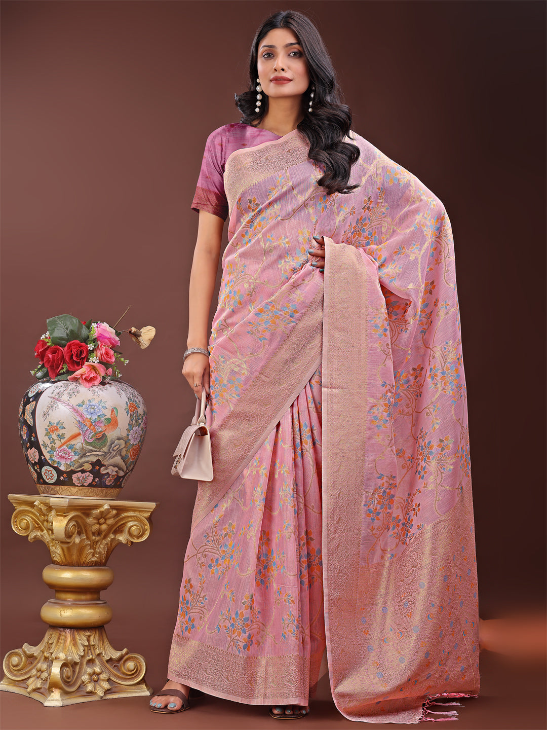 Astita Elegant Light Pink Linen Cotton Saree with Floral Weave & Soft Gold Pallu – Graceful Choice for Casual, Office & Festive Looks